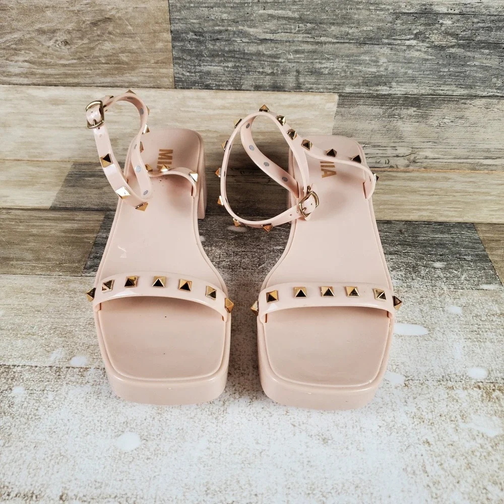 MIA Indi‎ Jelly Womens Sandals Sz 9 M Natural Ankle Strap Square Toe Block Heel